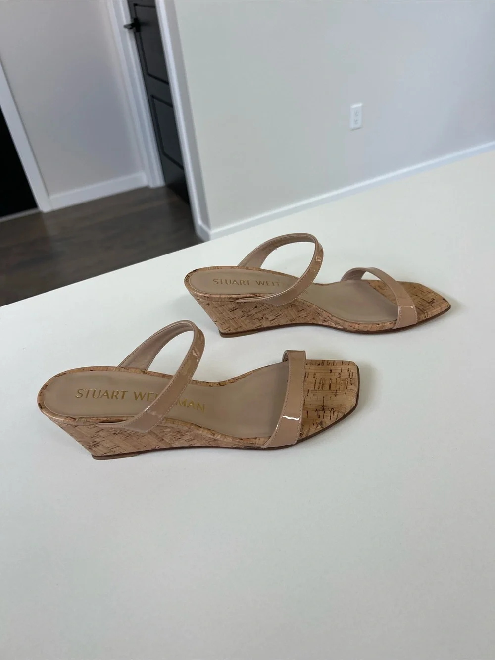 Stuart Weitzman aleena 50 wedge open toe sandals heels adobe tan 7.5